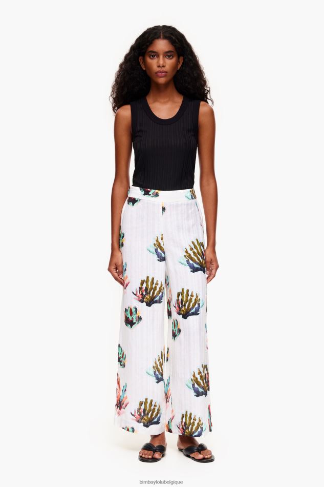 vêtements Bimba Y Lola pantalon en lin imprimé corail Ivoire HV4486394