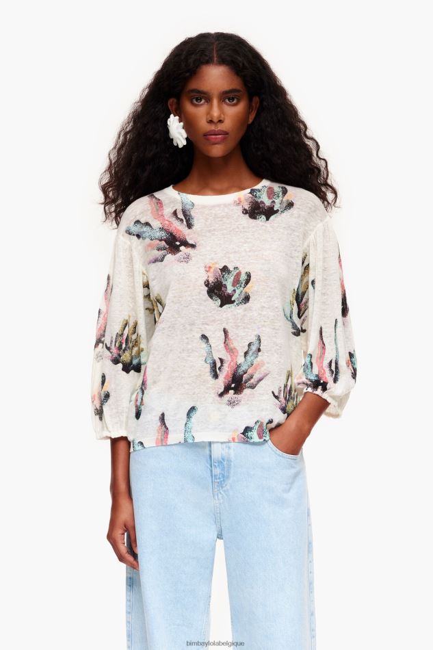 vêtements Bimba Y Lola pull en lin imprimé corail Ivoire HV4486353
